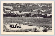 Church Shaped Like Wine Barrel Italian Swiss Colony Vineyards Asti CA Postcard