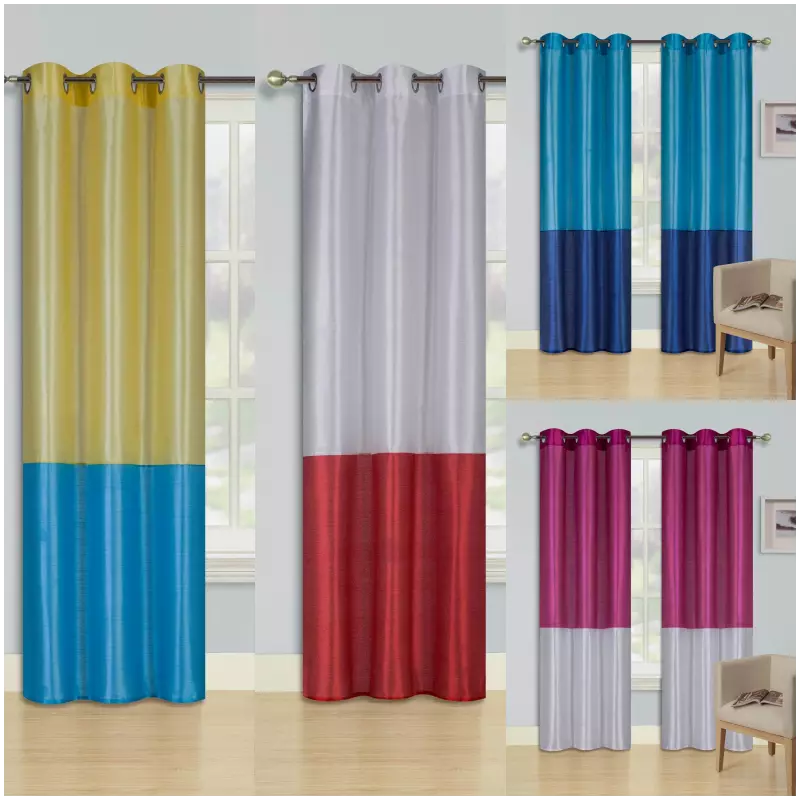 2PC Set Color Block Faux Silk Window Curtains Lined Blackout Match