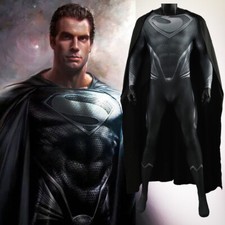 Black Superman Cosplay Jumpsuit Cloak Cos Bodysuit Adult Kids Halloween Costume