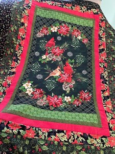 Quilt top: Handmade Christmas Quilt Top- Christmas Cardinals, Pinecones  50"x66"
