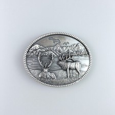 Vintage Silver Plated Western Deer Wild Life Oval Belt Buckle Boucle de Ceinture