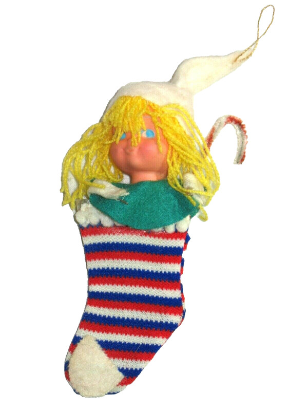 Vintage Pixie Elf in Striped Christmas Stocking Ornament MCM Mid Century Modern