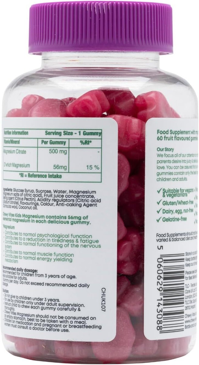 Chewy Vites Kids Magnesium, 60 Kids Vitamins Gummies, 500mg Magnesium Citrate Providing 56mg Per Gummy 2 Months Supply Real Fruit Juice Age 3 Berries Flavour