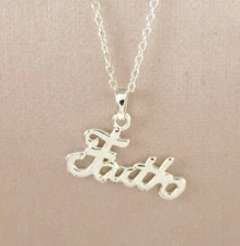 .925 Sterling Silver "Faith" Pendant Necklace Cresent Moon 16" Script Cursive
