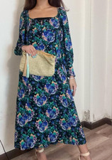 NEW ZARA BLUE MULTICOLOR PRINTED FLORAL MIDI DRESS LONG SLEEVE SIZE S #6079