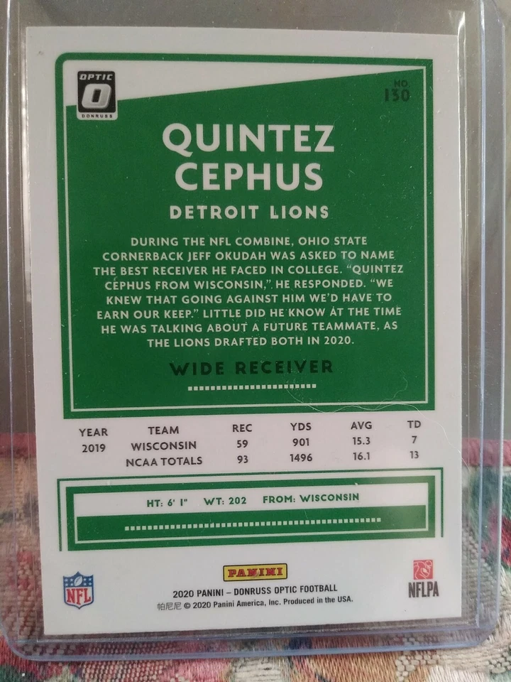 2020 Donruss Optic Quintez Cephus Rookie Card RC Detroit Lions  - Image 2 of 2
