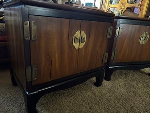 MCM Burl Wood And Brass Lane Nightstand Sidetable Pair
