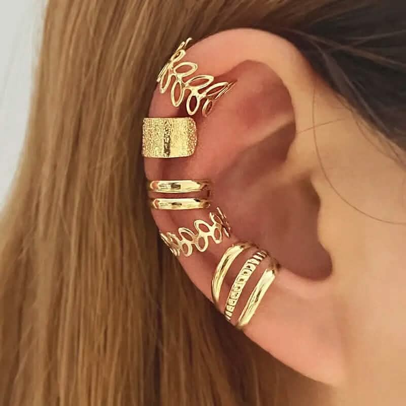 5-Pieces: Golden Leaf Cutout Ear Clips