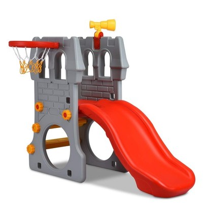 Slide with Basketball Hoop, 4-in-1 Freestanding Slide, Telescope, Hide and Se...