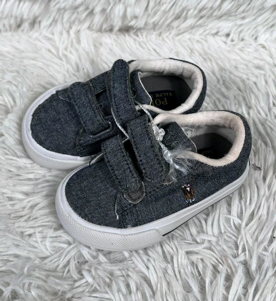 Polo Ralph Lauren Little Kids Sneakers Easten II EZ Hook Loop Strap Size 4 Gray - Image 2 of 4