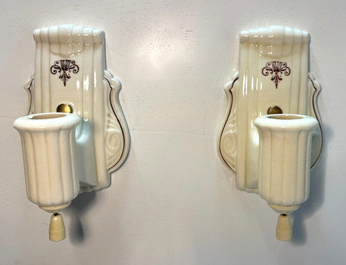 Vtg Porcelain Sconce Light Pair Bathroom Ceramic Wall Fixture Art Deco USA #M95