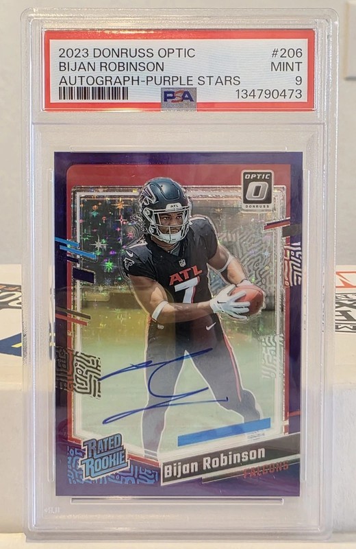2023 Donruss Optic Rated Rookie Bijan Robinson Purple Stars Prizm Auto /50 PSA 9