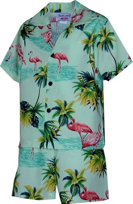Pink Flamingo Paradise Boy's 2pc Hawaiian Cabana Set, Sage, 6T