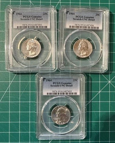 Lot of 3 1964 Quarters 90 Pct Silver PCGS Genuine - Scratch UNC DETAILS
