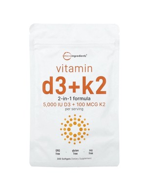 Vitamin D3 + K2 2-in-1 5000 IU Support + 100mcg K2 300 Softgels Bone/Immune D3