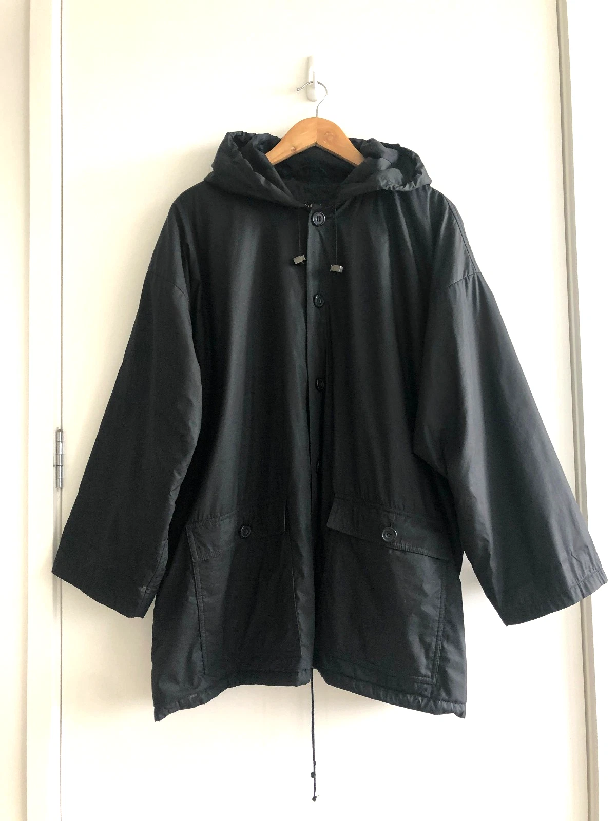 Eskandar Black Boxy Polished Cotton Hooded Coat Poncho Oversized Jacket O/S 0