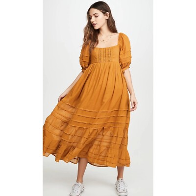 NWT Free People Let's Be Friends Puff Sleeve Midi Dress Size S Gold Mustard