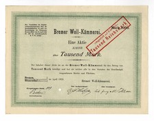WEŁNIANA CZESANKA BREMA – Akcje ponad 1000 marek – Brema i kwiatowiec – kwiecień 1923