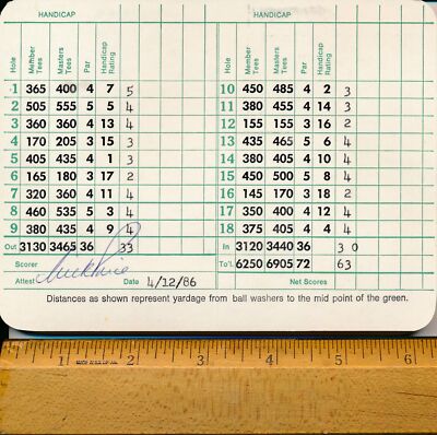Nick Price PGA Champ Signed/Auto 1986 Augusta Golf Club Score Card