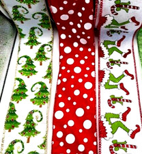 Christmas Grinch Lot of 3 Ribbon Rolls, 1.5   2.5  x 5 yd each Wired Edge 15 Yd