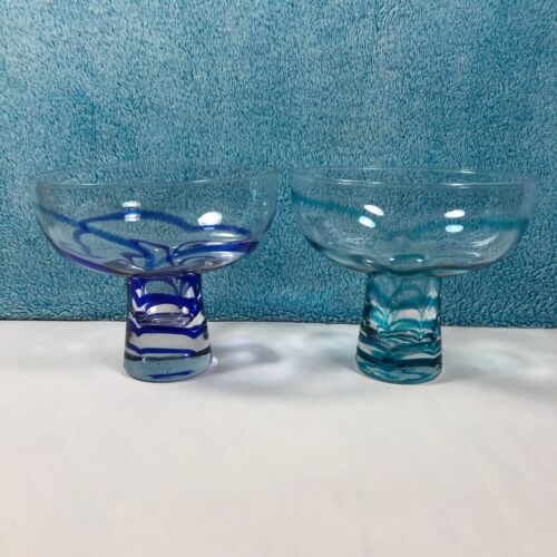 Pier One Swirlline 16 Oz Margarita Glass Thick Pedestal Stem Pair of 2 Blue Teal - Picture 1 of 9
