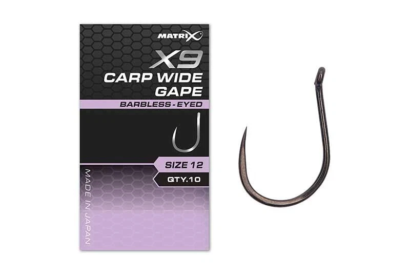 Matrix X9 Carp Wide Gape Hook - Barbless - Eyed Hooks - 10 pro Packung