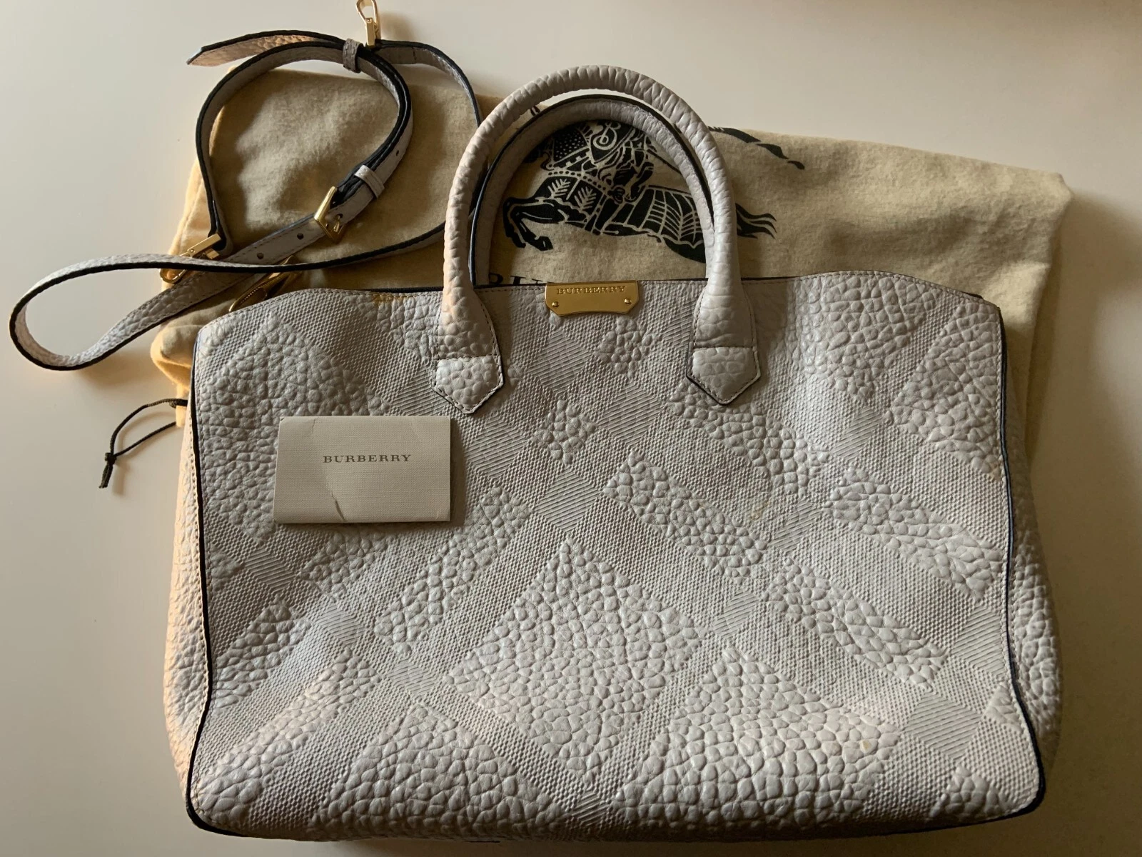 Burberry — Burberry Dewsbury 3938734 Leather Embossed Check Med Carryall Tote WHITE $1395