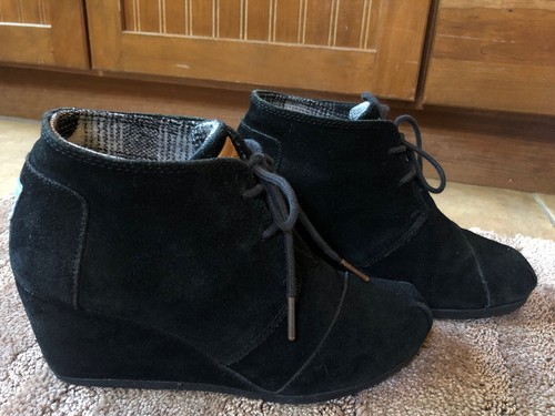 Toms Black Suede Women Wedge Booties 
