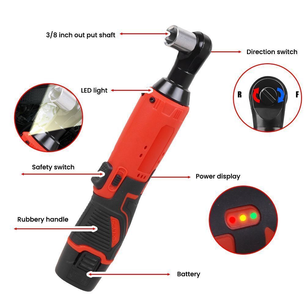 Electric Cordless Ratchet 3/8" Right Angle Wrench Impact Power Tool + 2 Battery