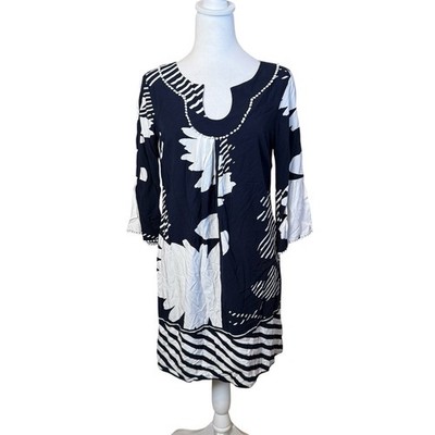 Crown & Ivy Dress Size 4 Navy Blue White Tropical Vacation Cruise Resort  Boho | eBay