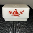 Vintage McKee Milk Glass with Red Sailboat Butter Dish with Lid