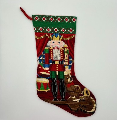 VTG Wool Needlepoint Xmas Stocking NUTCRACKER, Violin, Teddy Bear, Toys 17.5 