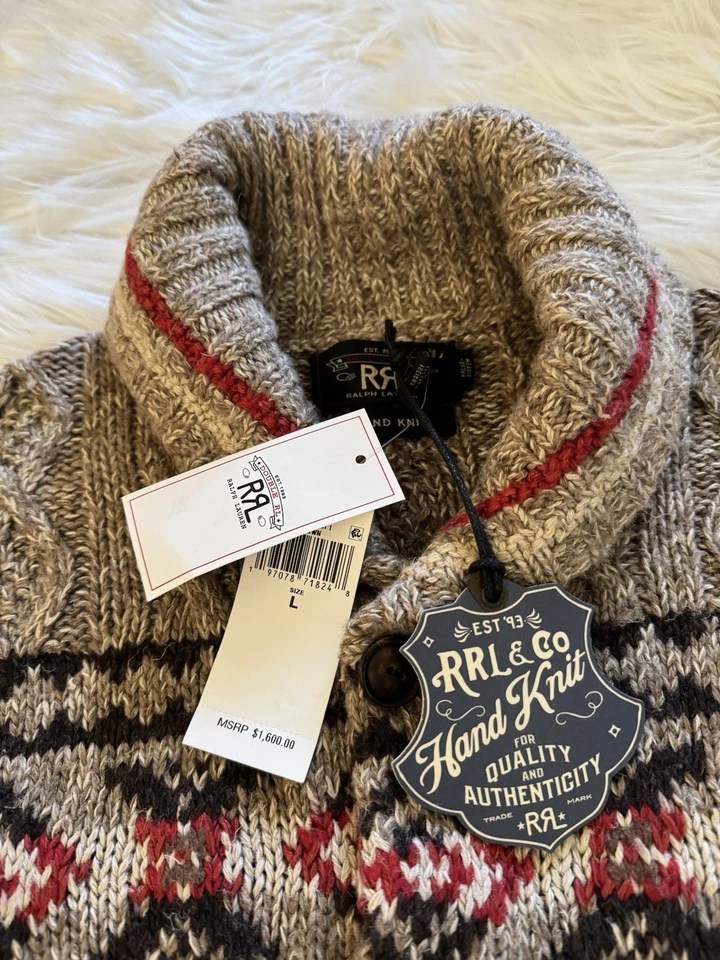 RRL Double RL Ralph Lauren New Hand Knit Cardigan Sweater Hunting Linen Wool L - Image 3 of 4