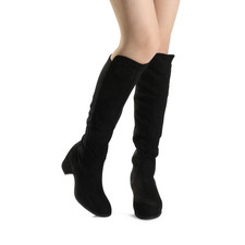 Women Knee High Boots Low Chunky Block Heel Side Zipper Stretchy Boots