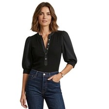 VERONICA BEARD Jean Coralee Henley Tee Black Ribbed Puff Sleeve Top Medium $178