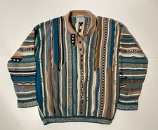 VTG 90s TOSANI Sweater Coogi Style Textured Knit Polo Brown Blue Men’s Size L