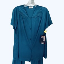 Vintage Vanity Fair Pajama Set Size M Short Sleeve Teal Nylon Button Front NWT