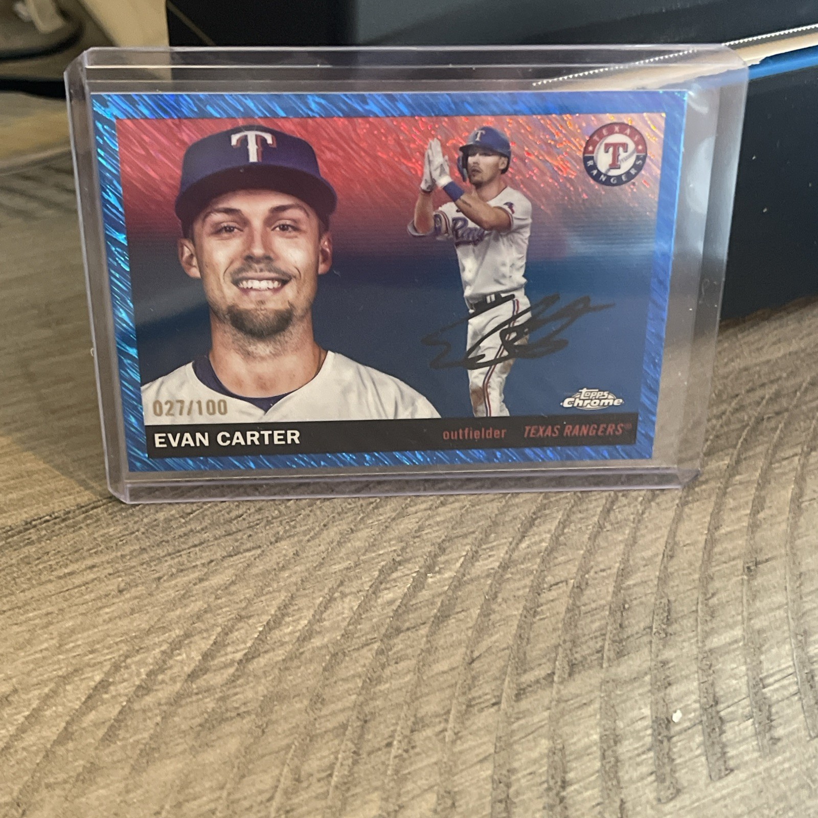 2025 Topps Chrome Platinum #198 Evan Carter Blue Shimmer Refractors 027/100