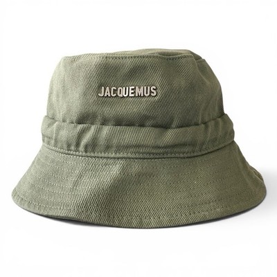Jacquemus Le Bob Gadjo Bucket Hat Olive Green Drawstring 56cm Logo Cotton EUC