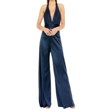 Mac Duggal Satin Halter Jumpsuit Deep V Wide Leg Navy Formal Size 2 NWT 49810