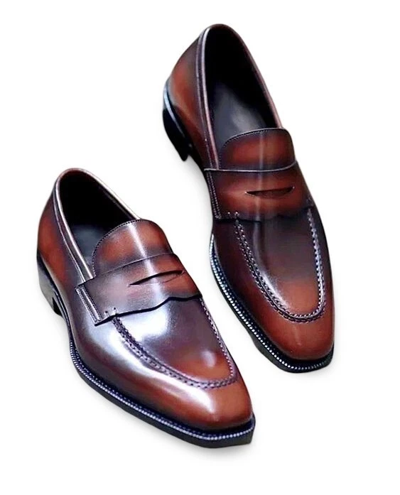 Handmade Brown Genuine Leather Slip On Office Dress Loafers Formal Shoes For Men