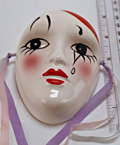 Vintage Porcelain Pierrot Sad Clown Wall Mask Hand Painted Ceramic Face Hanging