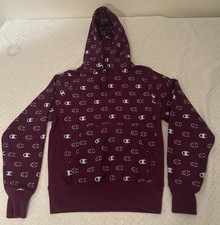 Champion Reverse Weave Men's Pullover Hoodie Logo Pattern Burgundy Pockets S