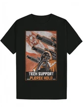 Men's Black Graphic Tee with TECH SUPPORT Print - Casual Polyester Short-Sleeve