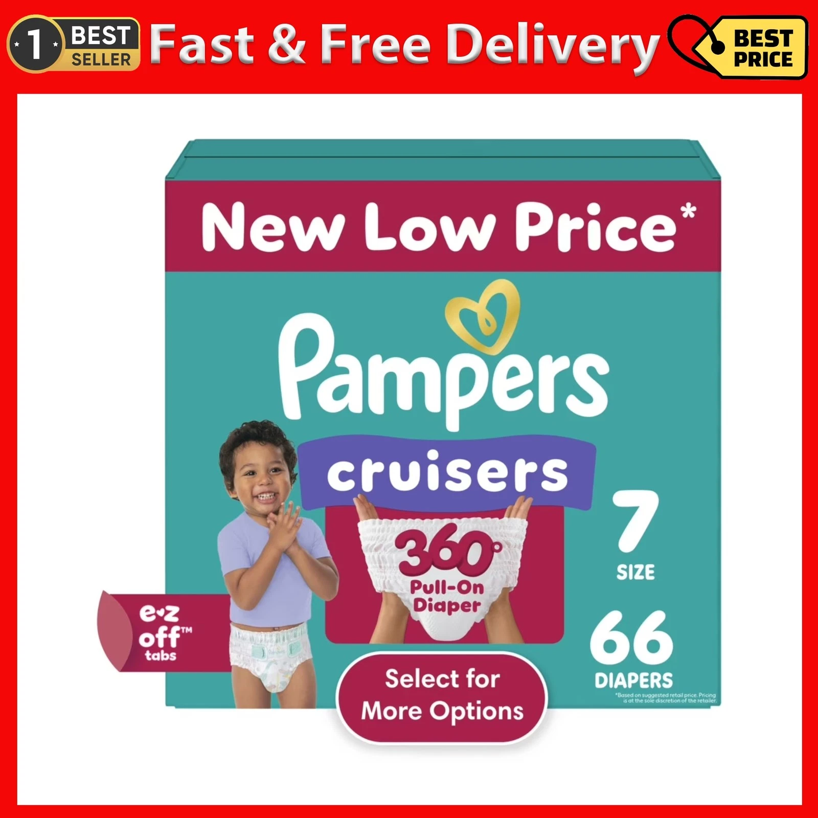 Pampers Cruisers 360 Baby Diapers Size 7, 66 Count (Select for More Options)