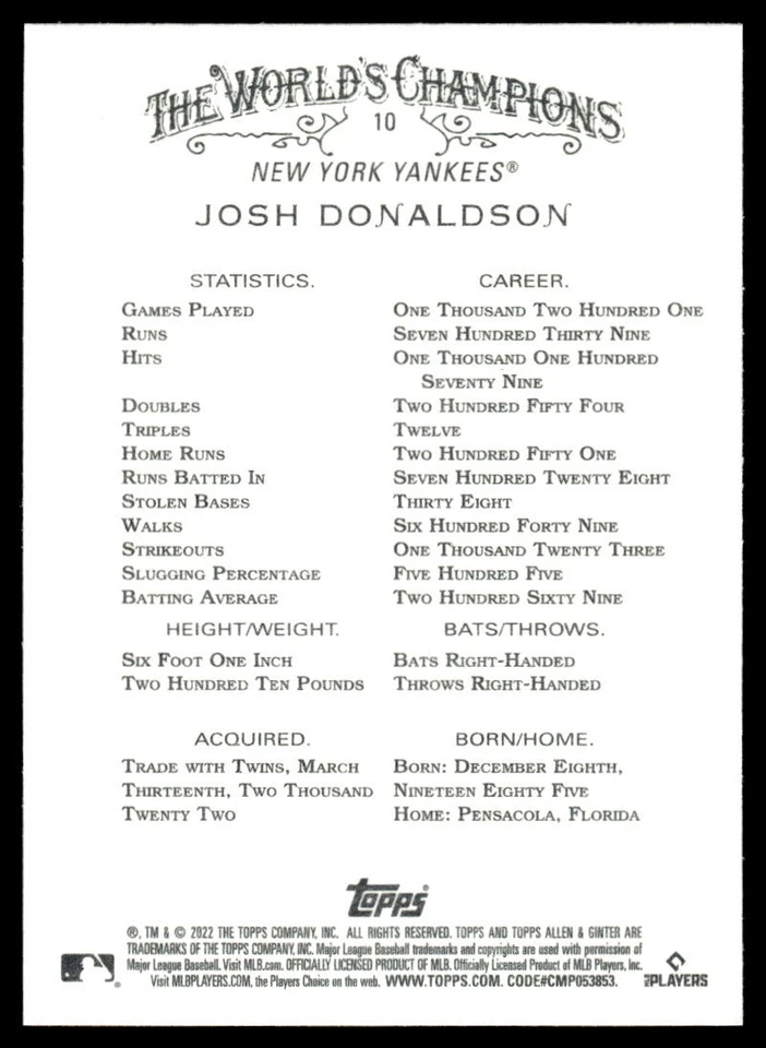 2022 Topps Allen & Ginter X Josh Donaldson #10 New York Yankees Baseball Card - Image 2 of 2