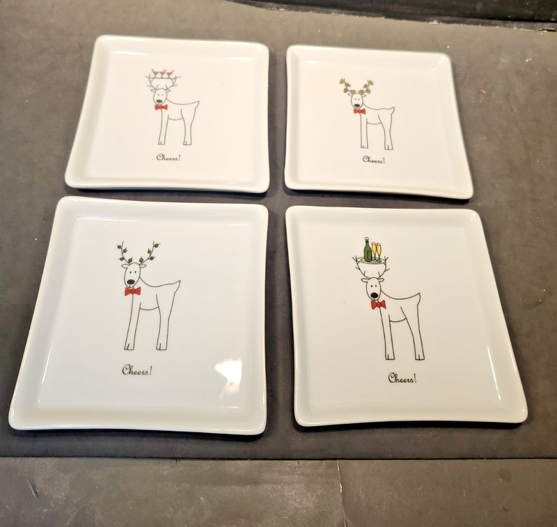 BIA CHEERS Reindeer Plates Coasters Set of 4 Christmas Holiday Party