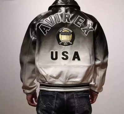 Men s Avirex Black & White Bomber American Flight Jacket Real Leather Jacket