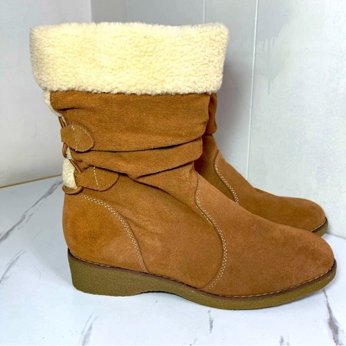 Lands’ End Brown & Cream Women's Fall Winter Pull On Brown Faux Fur Boots Sz 10D - Picture 4 of 8