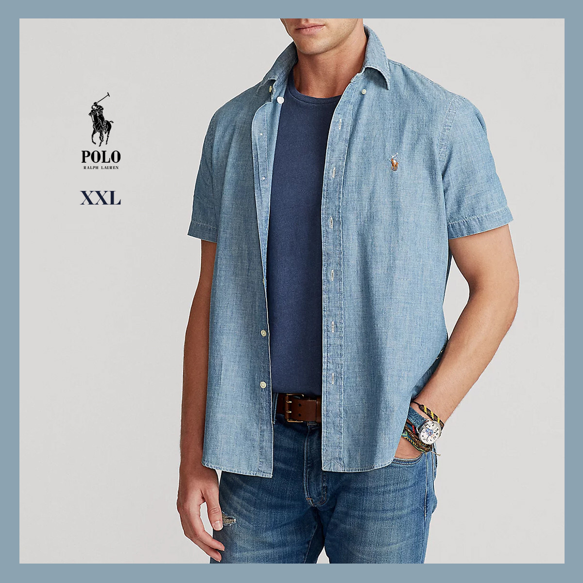 NWT Polo Ralph Lauren Men's Slim-Fit Short Sleeve Indigo Chambray Shirt  Sz XXL